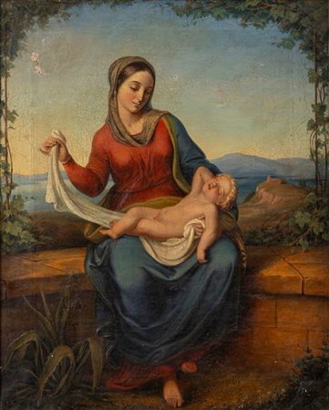 Pittore nazareno del XIX secolo - Madonna con Bambino in un paesaggio