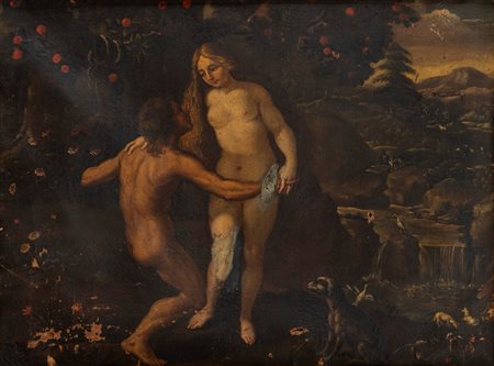Scuola fiamminga, secolo XVII - Adamo ed Eva nel giardino dell'Eden