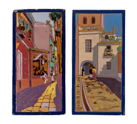 Due formelle in ceramica policroma con scorci di paese