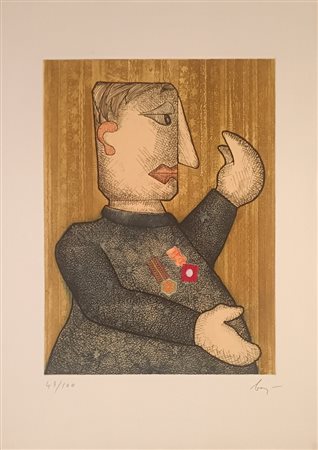 BAJ ENRICO Milano (Mi) 1924 Guerriero 1980 Acquaforte a colori e collage su...