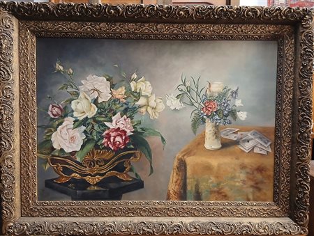 MARGHERITA SFORZA FOGLIANI (XX) - NATURA MORTA CON FIORI E CARTE - OLIO SU...