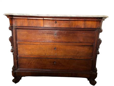 CASSETTONE LUIGI FILIPPO LASTRONATO IN NOCE CON PIANO IN MARMO BIANCO...