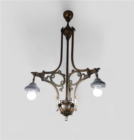 LAMPADARIO IMPERO A TRE LUCI IN METALLO DECORATO CON GHIRLANDE E TESTE DI...