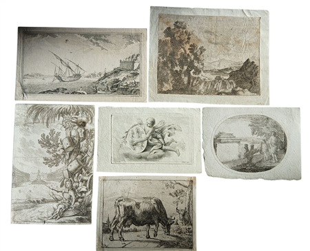 SEI ANTICHE INCISIONI DI VARI AUTORI E SOGGETTI SENZA CORNICI MAX CM.12/15X20