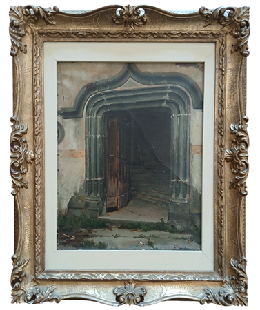 PORTONE DEL CASTELLO DI ISSOGNE - OLIO SU CARTONE CM.34X27 FIRMATO G.B....