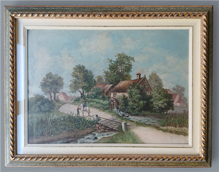 IGNOTO - PAESAGGIO ANIMATO CON MULINO - OLIO SU TELA CM.40x50