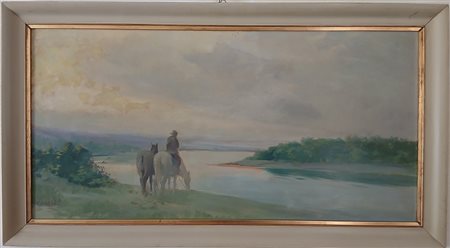 ERNESTO GIACOBBI (1891-1964) - PAESAGGIO FLUVIALE CON CAVALLI - OLIO SU...