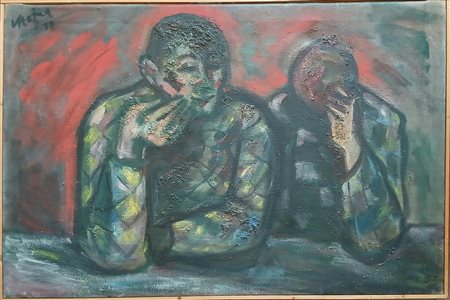 VACLAV HEJNA (1914-1985) ARLECCHINI 1977 - OLIO SU TELA CM.70X105 FIRMATO E...