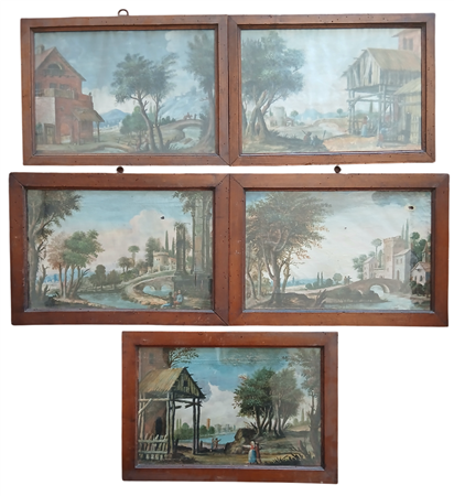 CINQUE DIPINTI AD OLIO SU TELA RAFFIGURANTI PAESAGGI ANIMATI CM.25X40 IN...