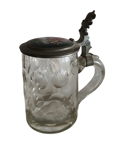 BOCCALE IN VETRO CON COPERCHIO IN METALLO SBALZATO E DIPINTO A STELLE ALPINE...