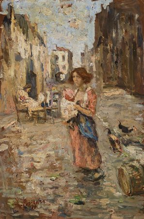 Leonardo Bazzaro (Milano 1853 - 1937) - "Calle delle merlettaie" olio su...