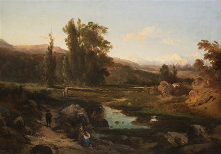 Maestro lombardo del XIX secolo "Paesaggio brianzolo con figure" olio su tela...