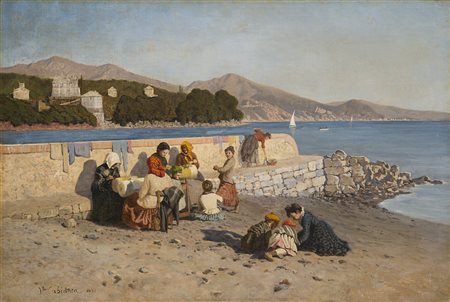 Maestro del XIX secolo "Merlettaie al tombolo sulla spiaggia" 1851 olio su...