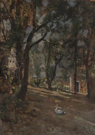 Emilio Gola (Milano 1851 - 1923) - "Scorcio con alberi" olio su cartone (cm...