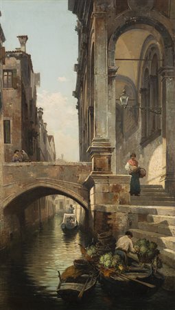 Scuola veneta del XIX secolo "Canale a Venezia con venditore di verze" olio...