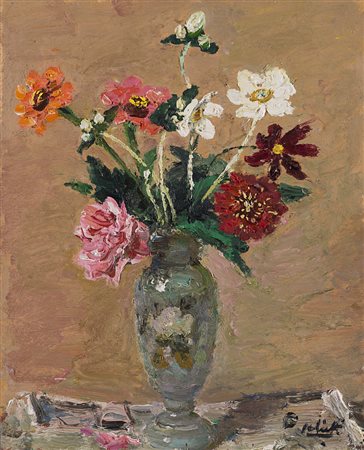 Alberto Salietti (Ravenna 1892 - Chiavari 1961) - "Zinnie" 1955 olio su...