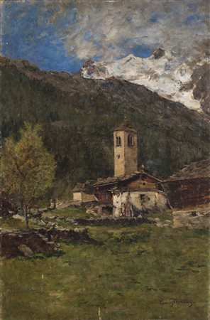 Eugenio Gignous (Milano 1850 - Stresa 1906) - "La chiesa dell'alpeggio" olio...