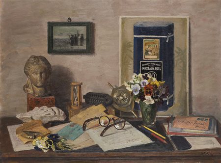 Alberto Salietti (Ravenna 1892 - Chiavari 1961) - "Sullo scrittoio" '46 olio...