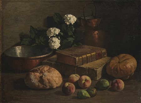 Maestro del XIX secolo "Composizione con libri, frutta, fiori e rami" olio su...