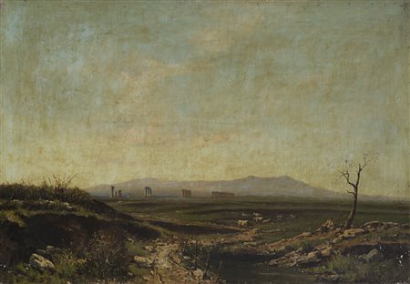 Achille Vertunni (Napoli 1826 - Roma 1897) - "Scorcio di campagna con mucche...