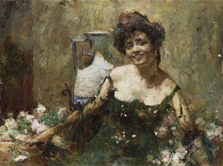 Antonio Piatti (Viggiù 1875 - 1962) - "Ritratto di signora tra i fiori" olio...