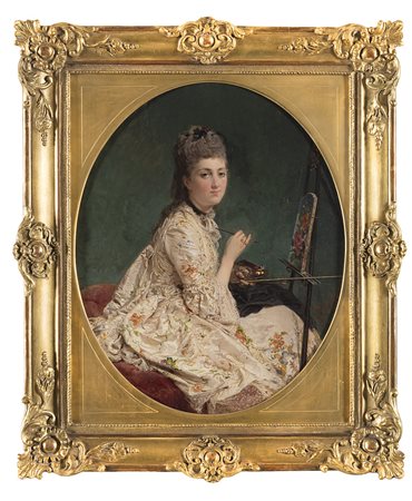 Gerolamo Induno (Milano 1825 - 1890) - "La pittrice" 1873 olio su tela ovale...