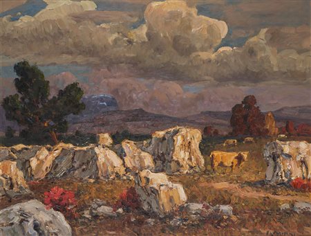 Ugo Flumiani (Trieste 1876 - 1938) - "Paesaggio carsico con mucche al...