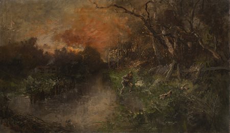 Pompeo Mariani (Monza 1857 - Bordighera 1927) - "Cacciatore alla Zelata" olio...