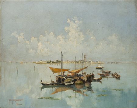 Pietro Fragiacomo (Trieste 1856 - Venezia 1922) - "Barche in laguna" olio su...