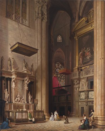 Luigi Bisi (Milano 1814 - 1886) - "Interno del Duomo di Milano con l'altare...