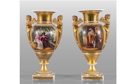 Coppia di vasi Impero in porcellana decorati in 