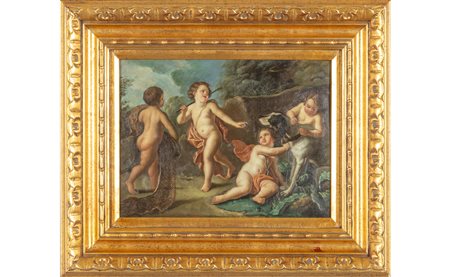 "Putti cacciatori" olio su rame, 