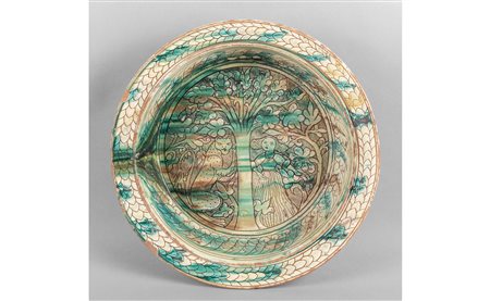 Grande catino in maiolica graffita con personaggi 