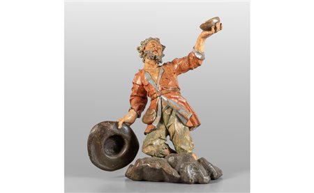 Mendicante, scultura in legno intagliato e 