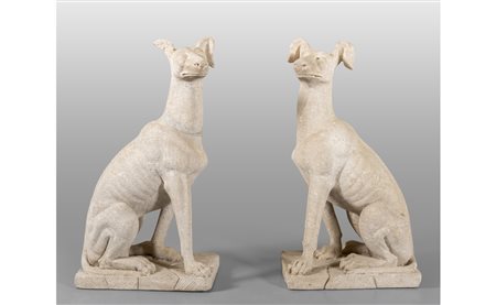 Coppia di cani in pietra di Vicenza<br>h.cm.85, 