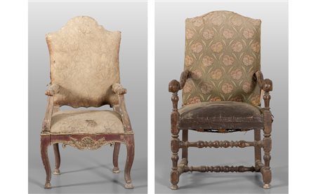 Due poltrone con braccioli in noce, sec.XVIII