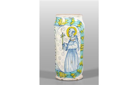 Albarello in maiolica policroma raffigurante un 