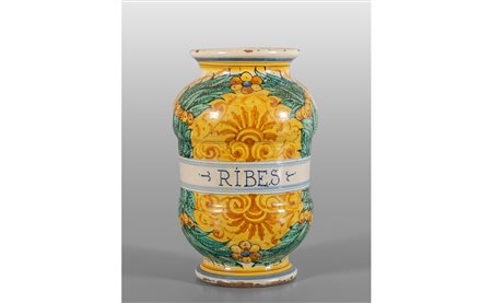 Albarello a rocchetto in maiolica policroma, 