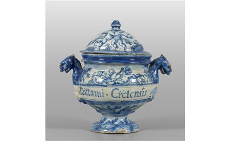 Unguentario in maiolica a decoro bianco e blu con 