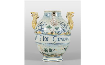 Idria in maiolica policroma, scritta medicinale, 