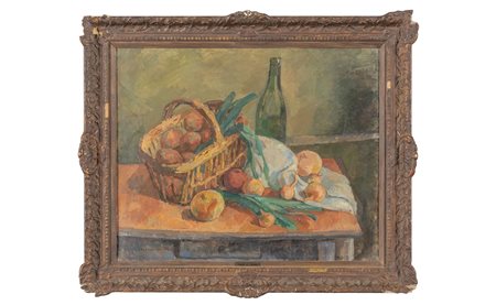 Natura morta con bottiglie e frutta<br>olio, 