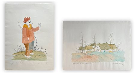 AUTORE INDECIFRATO - Lotto unico di 2 litografie acquerellate: