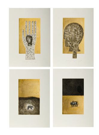 PALADINO MIMMO (n. 1948) - CARTELLA COMPOSTA DA N. 4 FOGLI. SENZA TITOLO (MANO, TORO, CANE E TESTA).