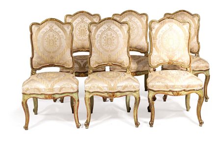 Sei sedie in legno laccato verde pastello con profili dorati, metà del XVIII...