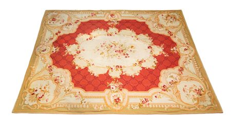 Tappeto Aubusson fondo rosso rubino con disegno "à grillage ton sur ton",...