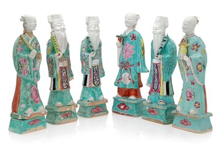 Sei figure di Immortali in porcellana policroma, Cina, dinastia Qing, epoca...