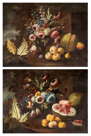 Pittore lombardo del XVIII secolo Coppia di Nature morte con fiori e frutta...