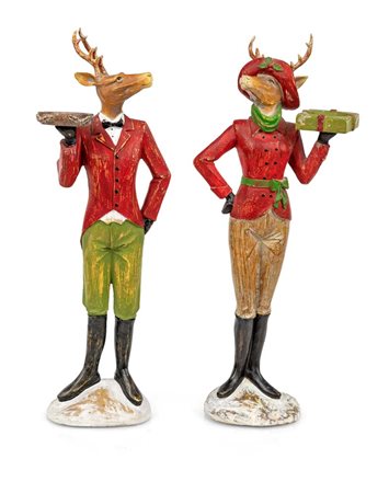 Coppia di figure zoomorfe reggicandela in poliresina policroma (cervi in...