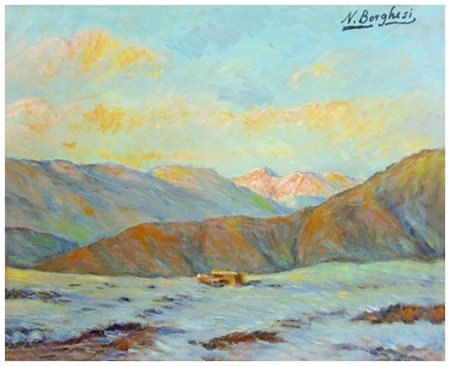 NINO BORGHESI Roma 1892 – Pescia 1982 Neve sul Cimone Olio su tela 40 x 50....