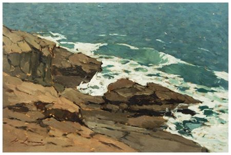 GIOVANNI LOMI Ardenza 1889 – Ardenza 1969 Battigia sugli scogli 1950 ca. Olio...